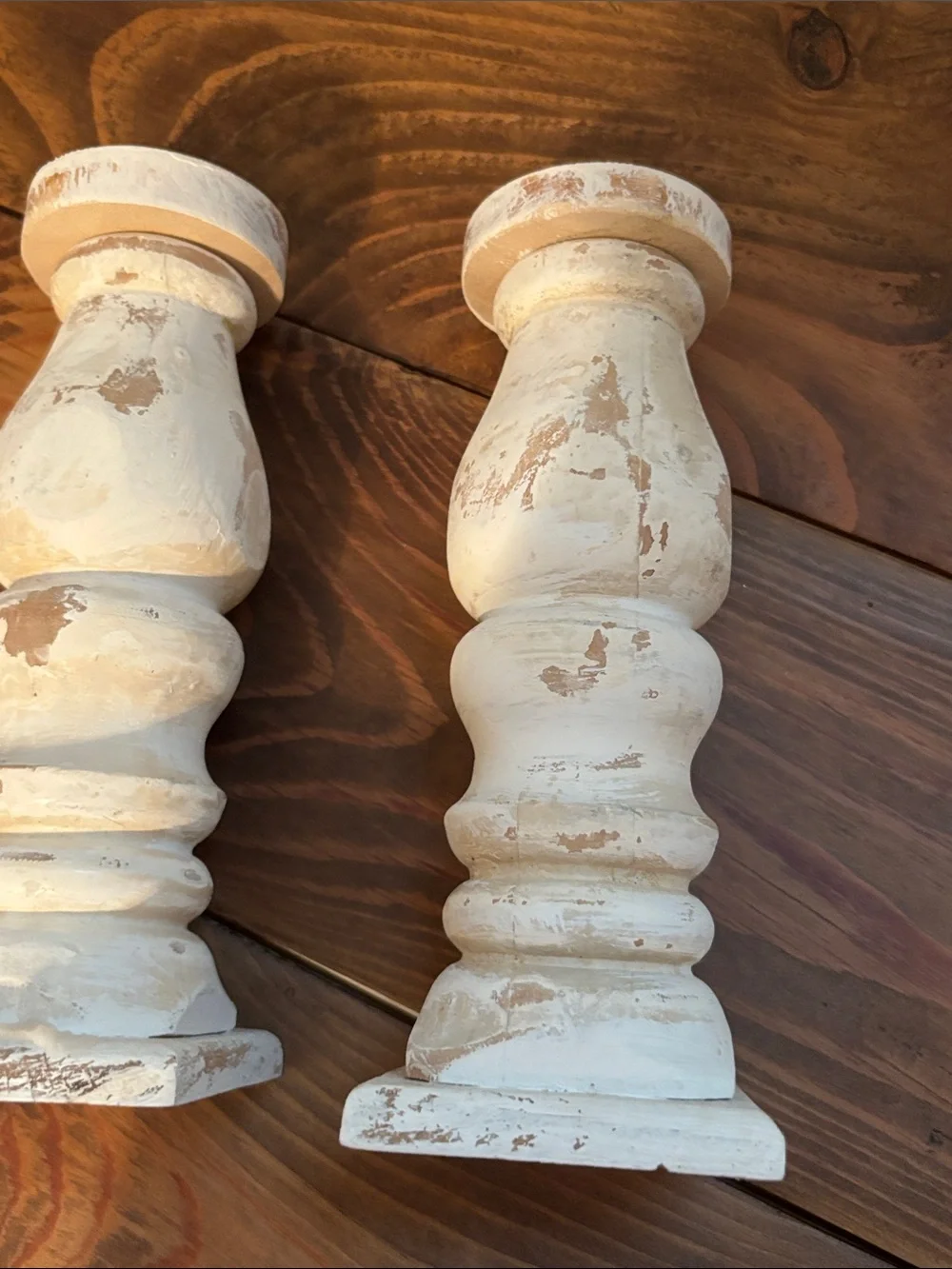 Rustic Distressed White Wood Candlestick Pair - Home Accents